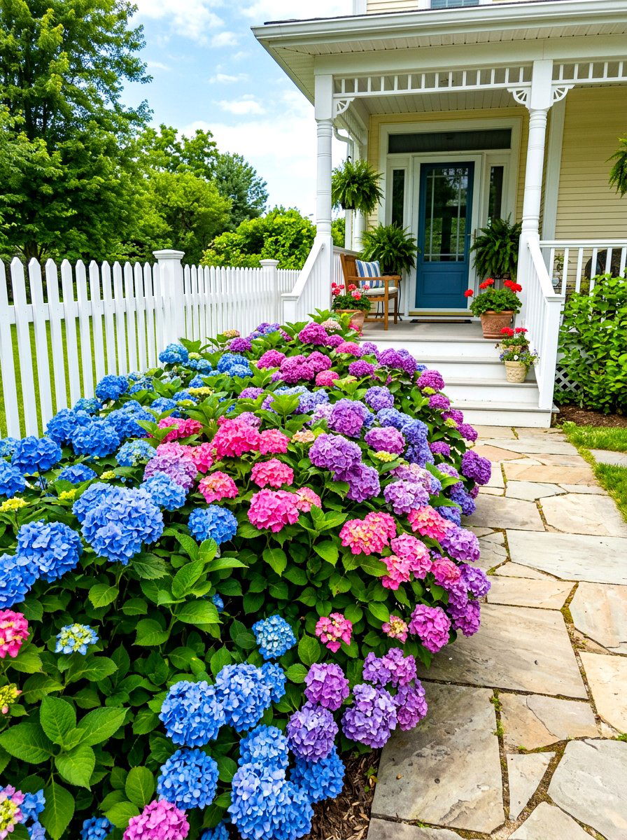 Mixed color hydrangea porch arrangement - 30 hydrangea heavy front porch ideas