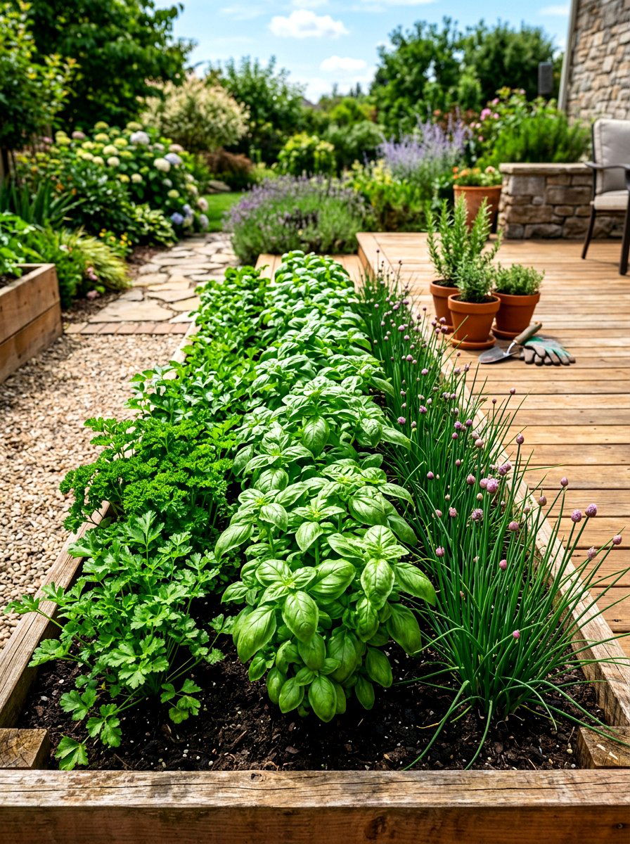 Mixed culinary herb strip - 30 herb patio border ideas