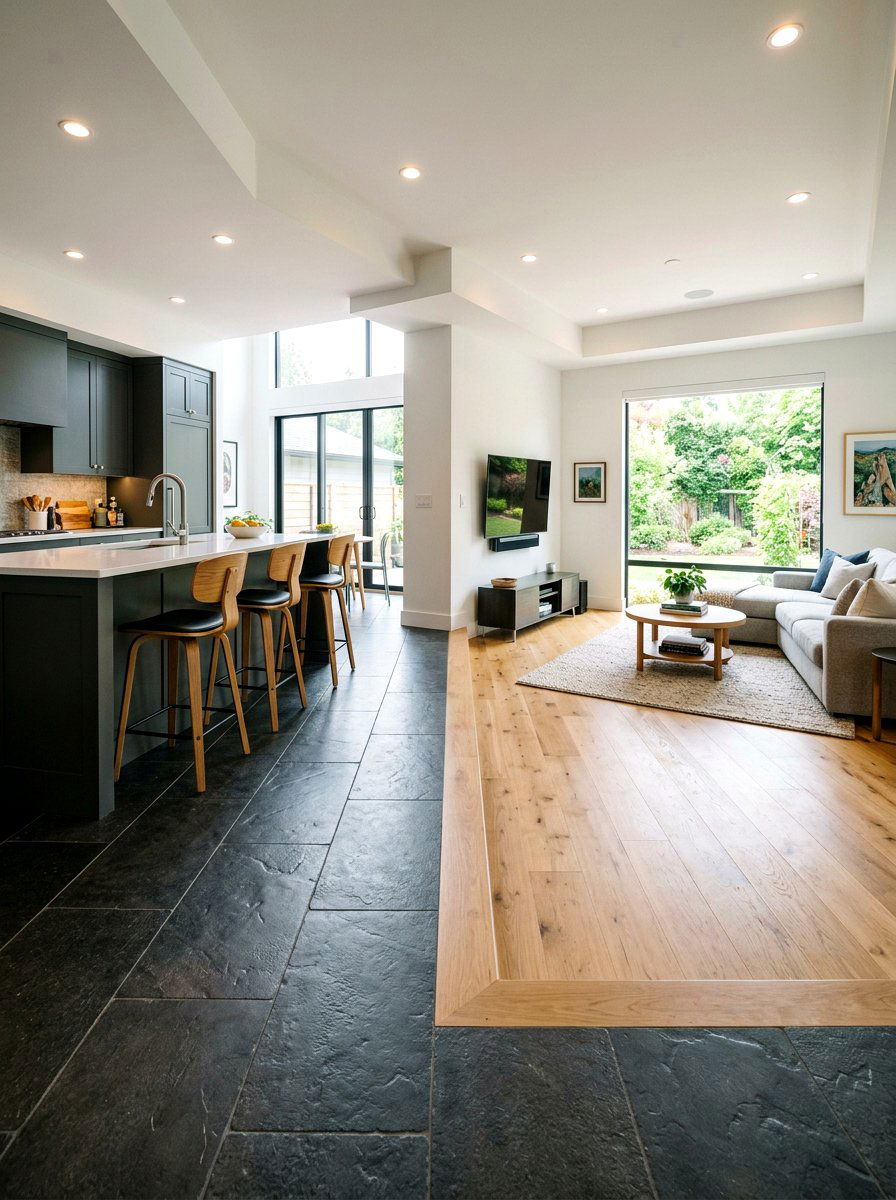 Mixed flooring transition - 30 zoned open concept ideas