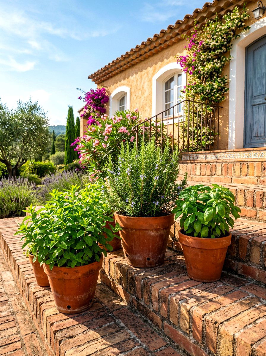 Mixed herb garden pots - 30 porch step planter ideas