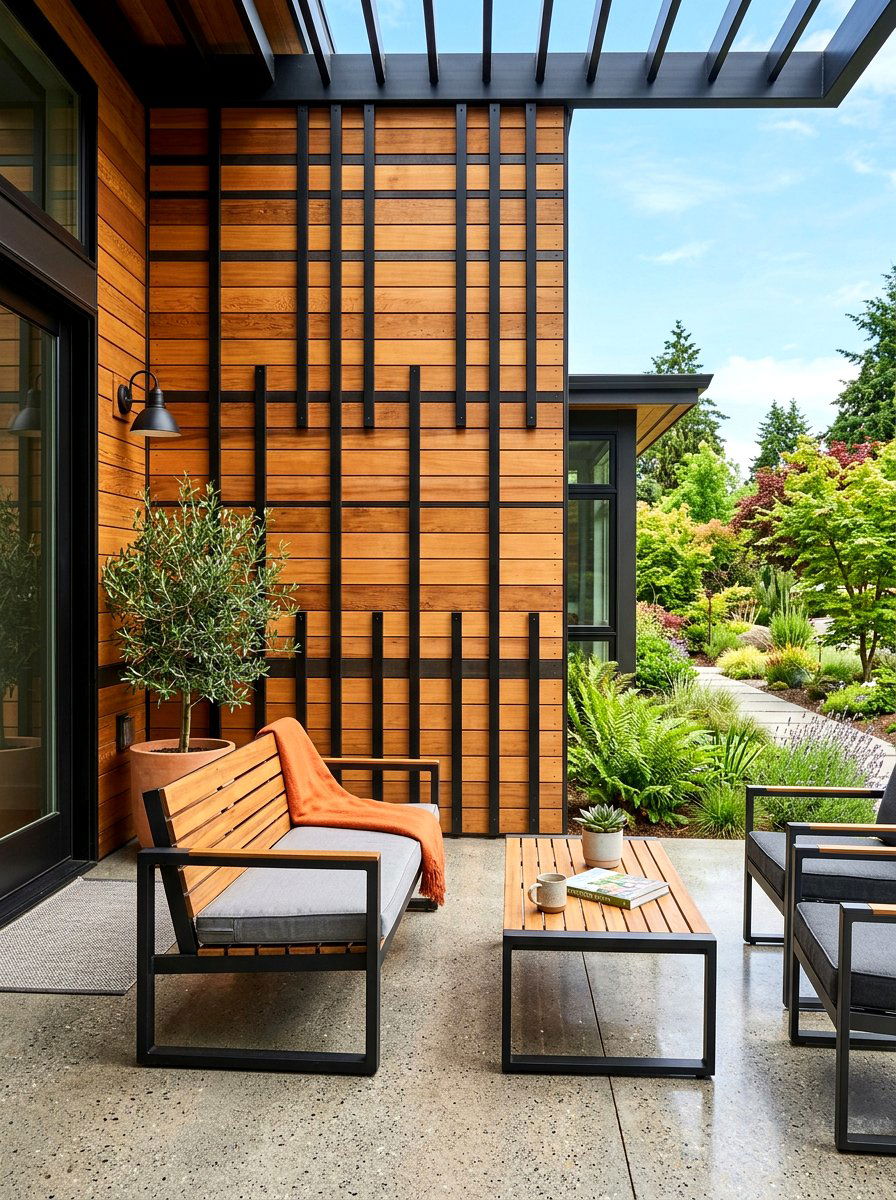 Mixed material metal and wood slats - 30 porch slat wall ideas
