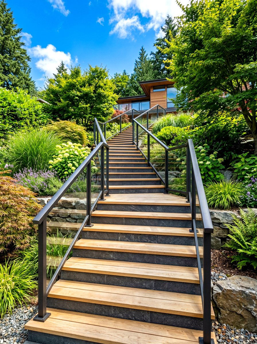 Mixed material stairs - 30 split level backyard ideas