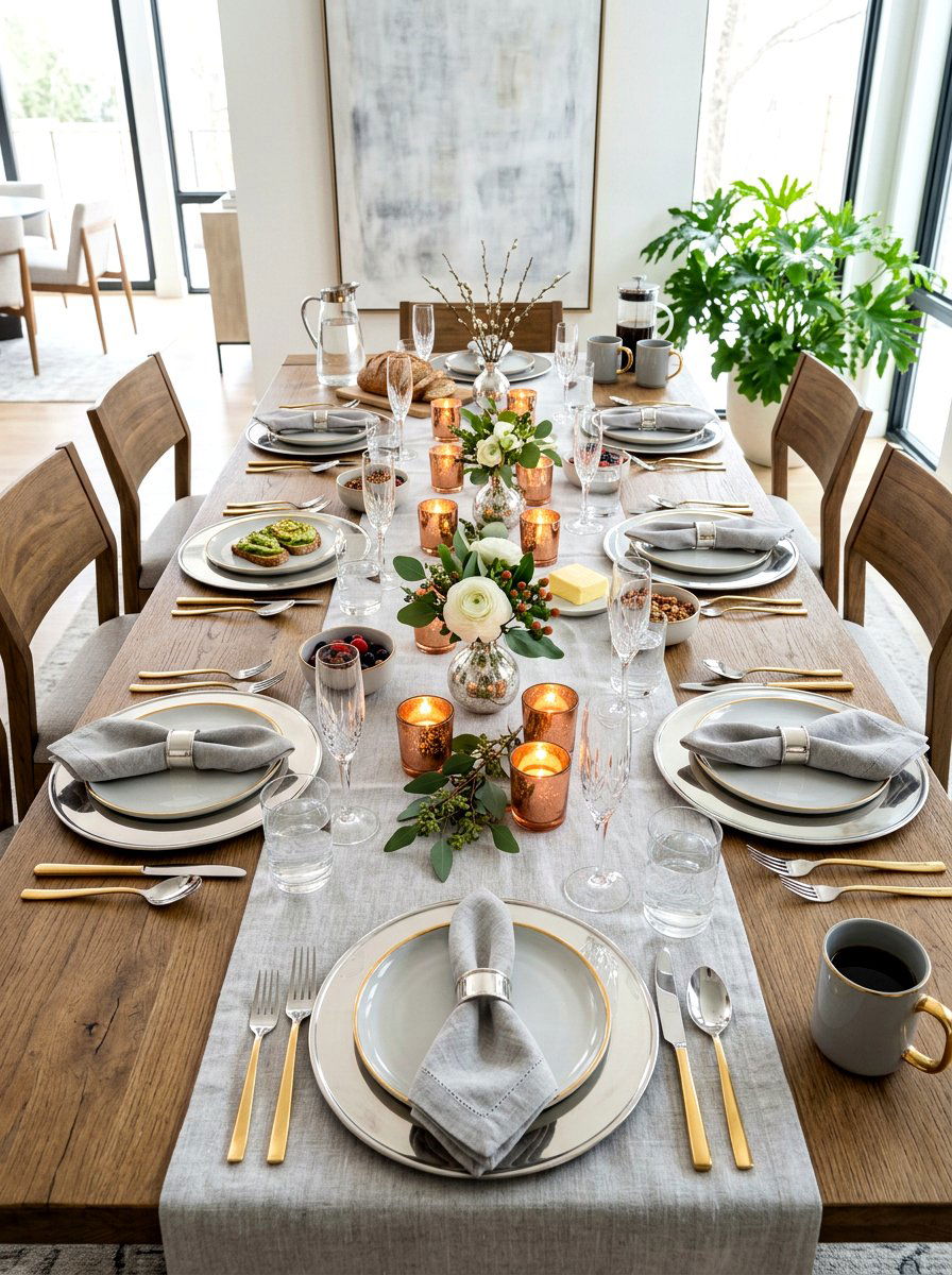 Mixed metallic decor - 30 New Year brunch table ideas