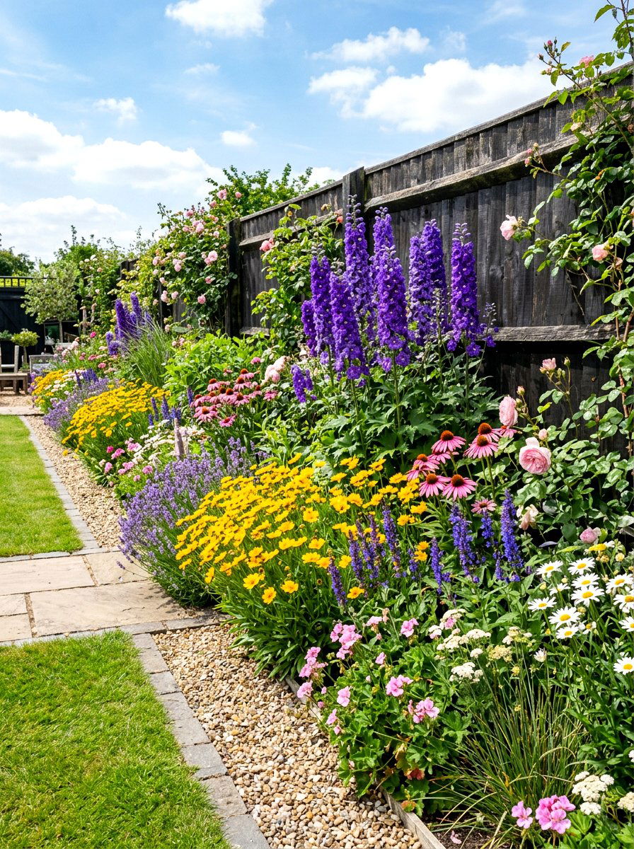 Mixed perennial flower border - 30 border planting ideas along fence