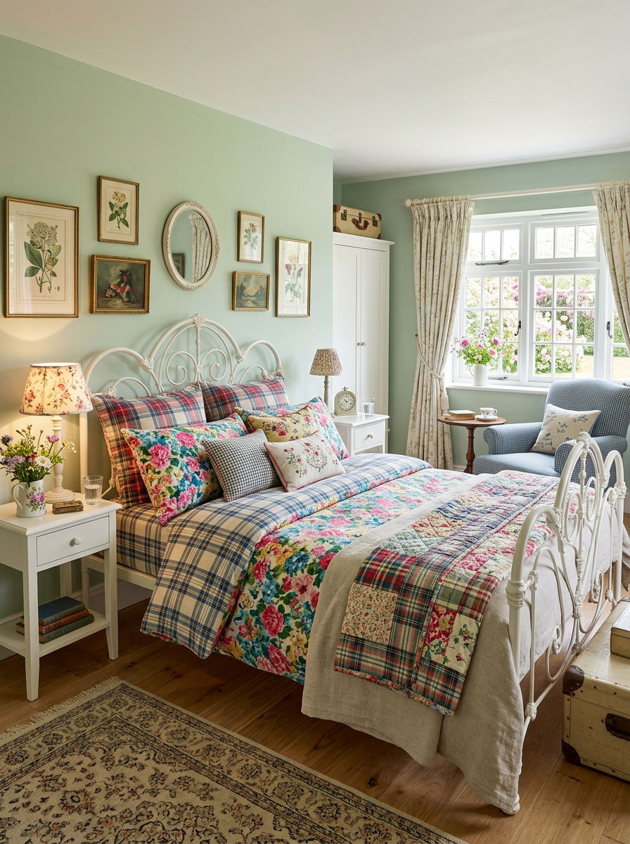 Mixed plaid and floral bedding - 30 plaid bedroom ideas