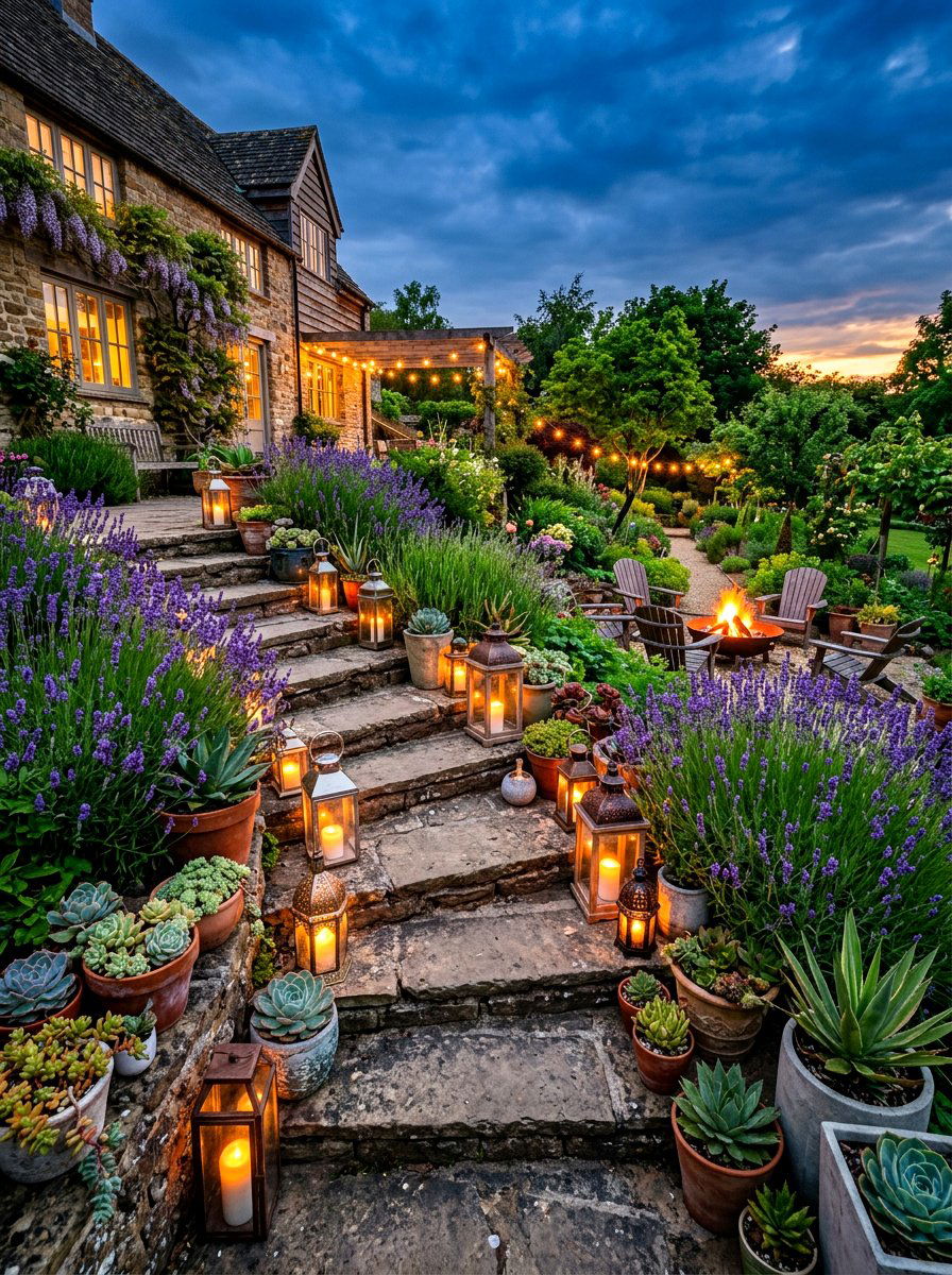 Mixed size lanterns on patio stairs - 30 candle lantern patio styling ideas