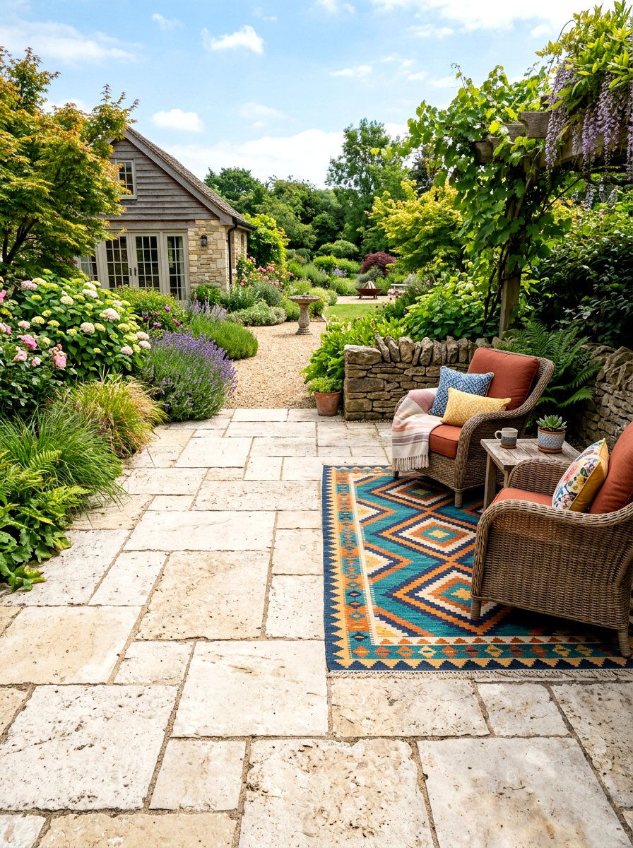 Mixed size limestone paver patio - 30 limestone backyard patio ideas