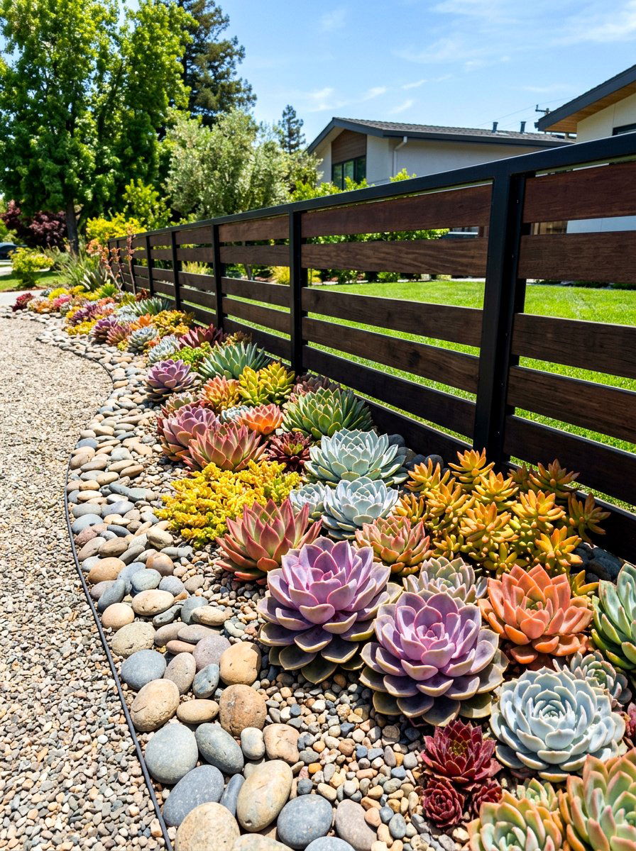 Mixed succulent rock border - 30 border planting ideas along fence