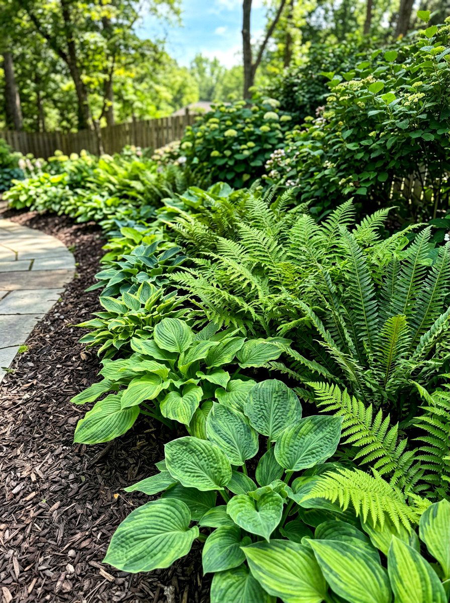 Mixed texture hosta fern border - 30 hosta and fern garden ideas
