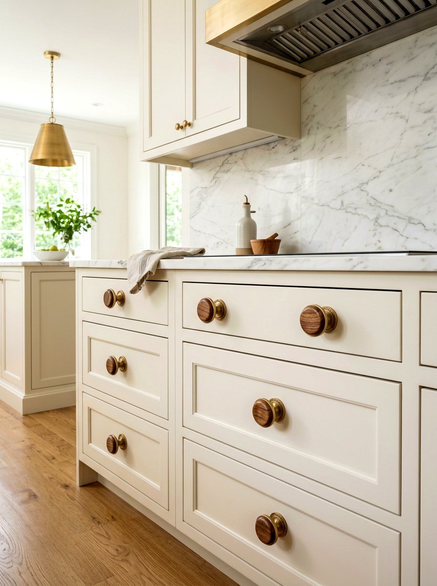 Mixed wood brass knob - 30 wood knob kitchen ideas