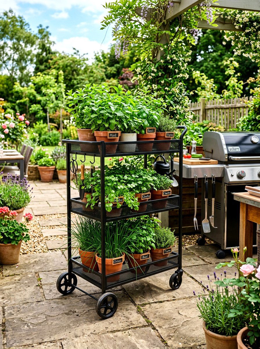 Mobile Herb Cart - 30 patio herb garden ideas