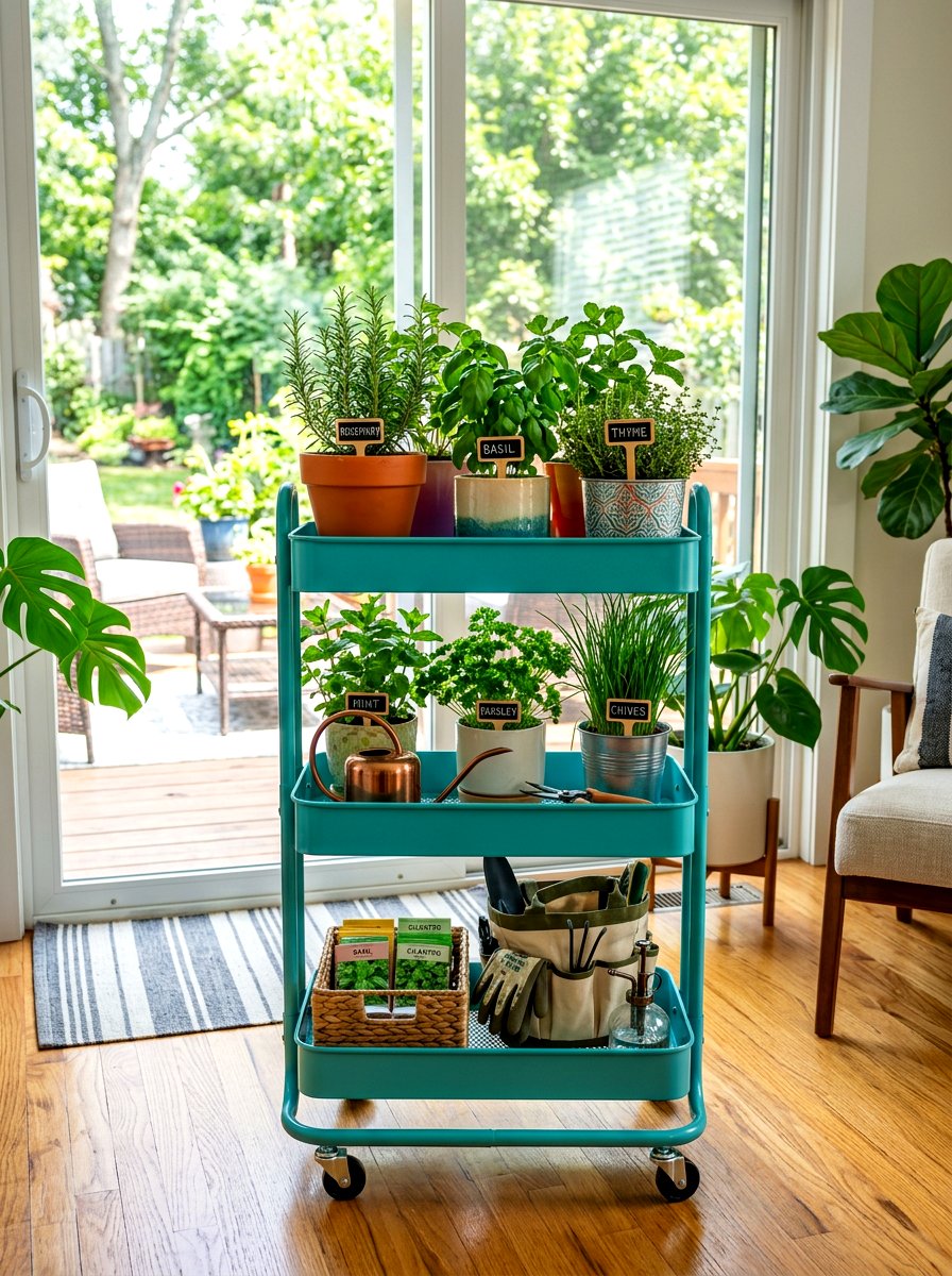 Mobile Rolling Herb Garden Cart - 30 herb garden shelf ideas