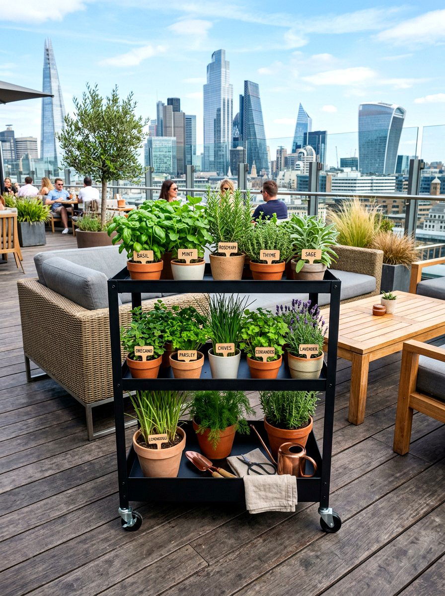 Mobile herb garden cart - 30 rooftop herb garden ideas