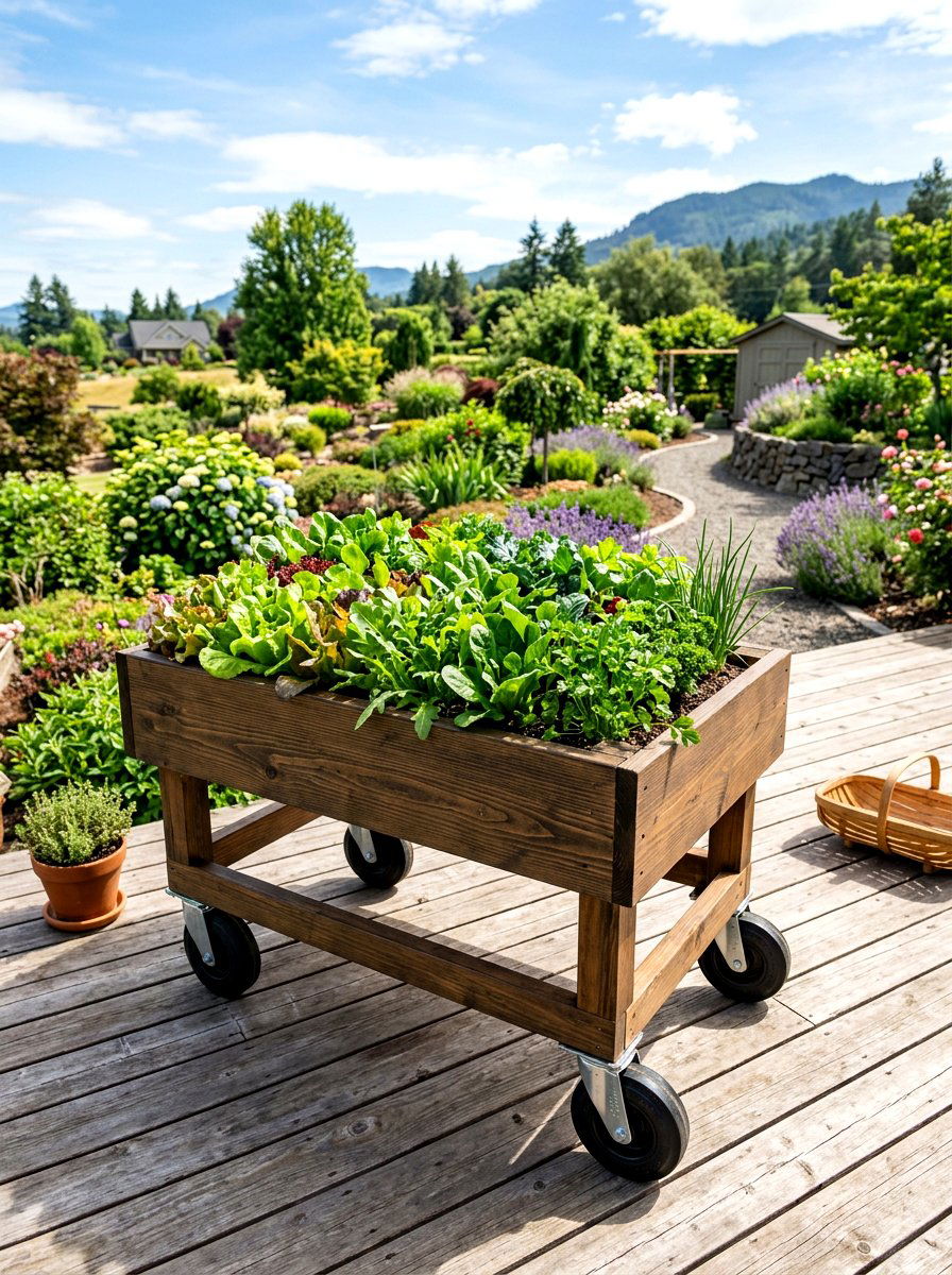 Mobile raised garden on wheels - 30 wood raised bed ideas