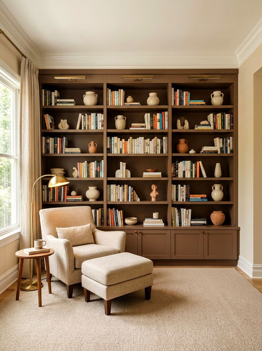 Mocha bookshelves - 30 tonal brown living room ideas