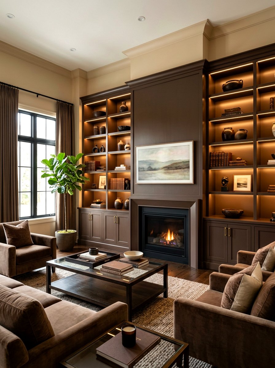 Mocha built ins living room - 30 monochrome mocha living room ideas
