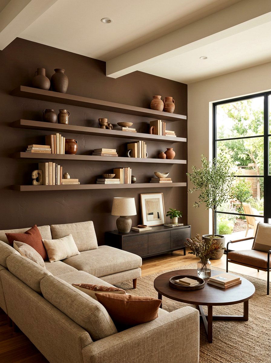 Mocha shelves living room - 30 monochrome mocha living room ideas