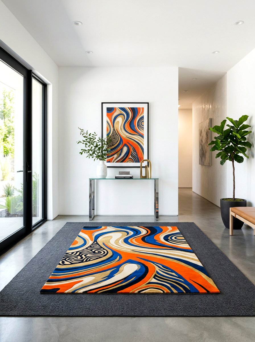 Modern Abstract Rug On Plain Base - 30 entrance rug layering ideas