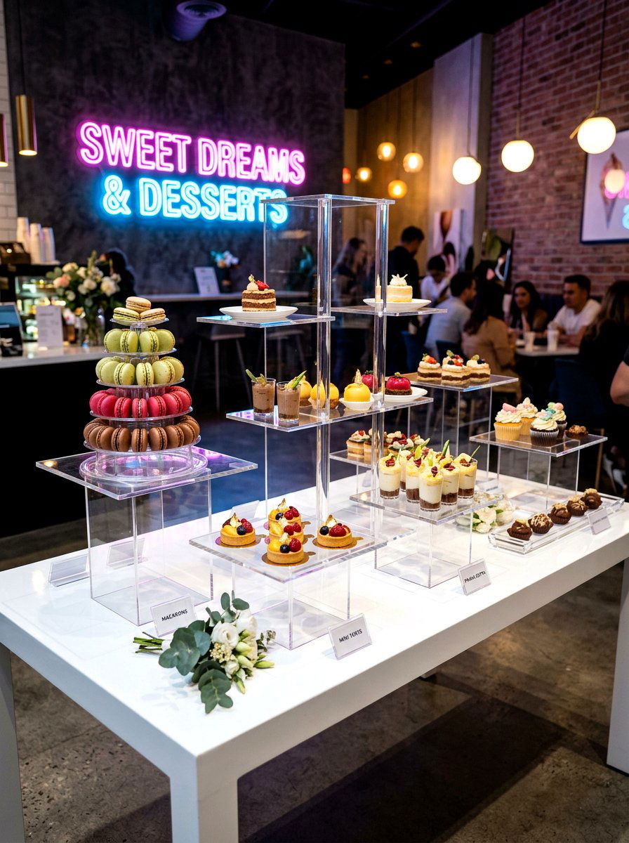 Modern Acrylic Dessert Display - 30 dessert station aesthetic ideas
