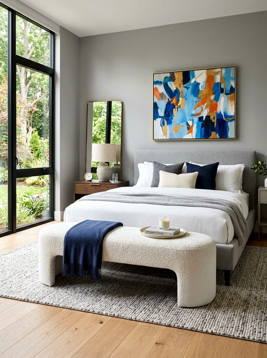 Modern Bedroom With Boucle Bench - 30 bedroom bench ideas