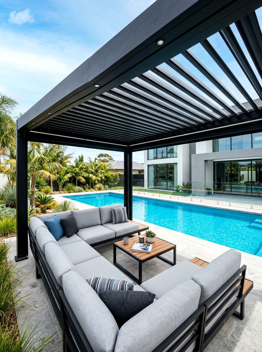 Modern Black Aluminum Pergola - 30 poolside pergola lounge ideas
