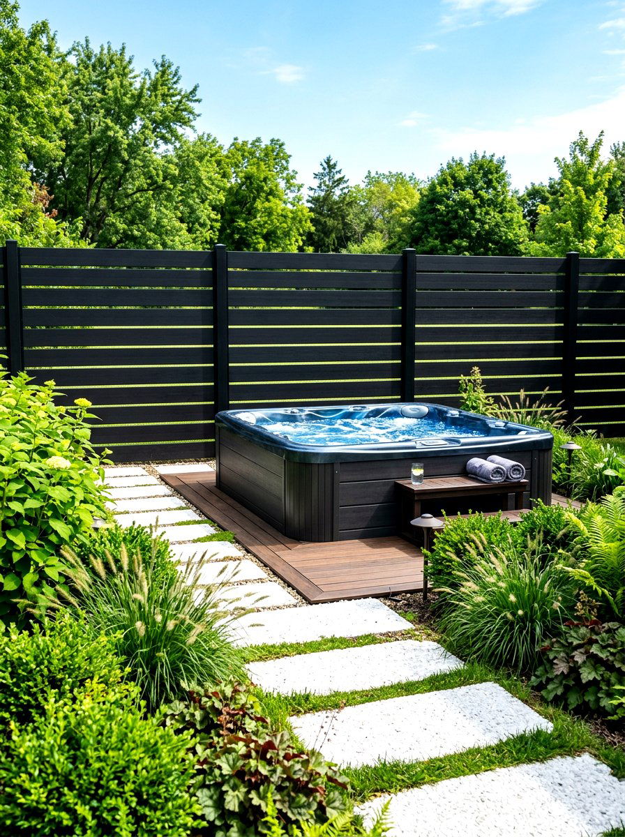 Modern Black Fence - 30 hot tub patio decor ideas aesthetic