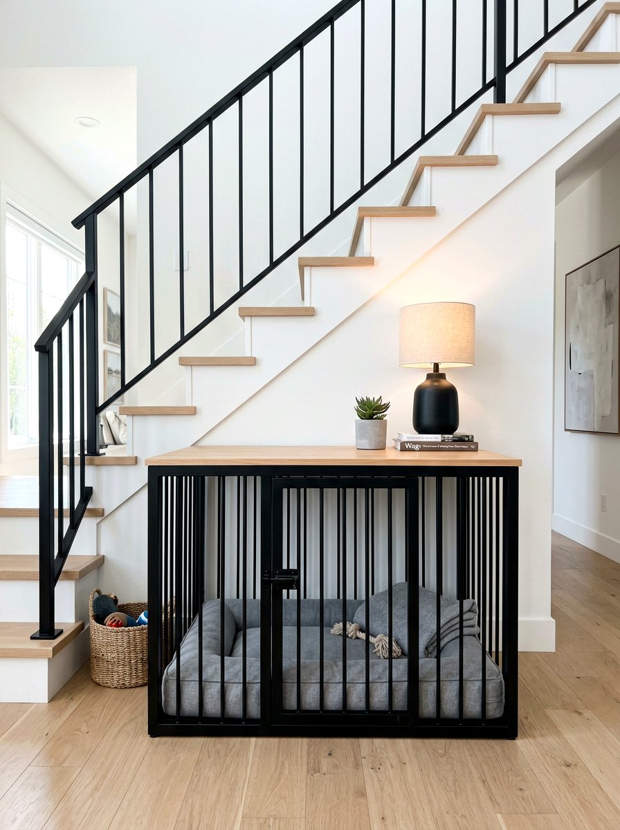 Modern Black Frame Dog Crate - 30 under stairs dog nook ideas