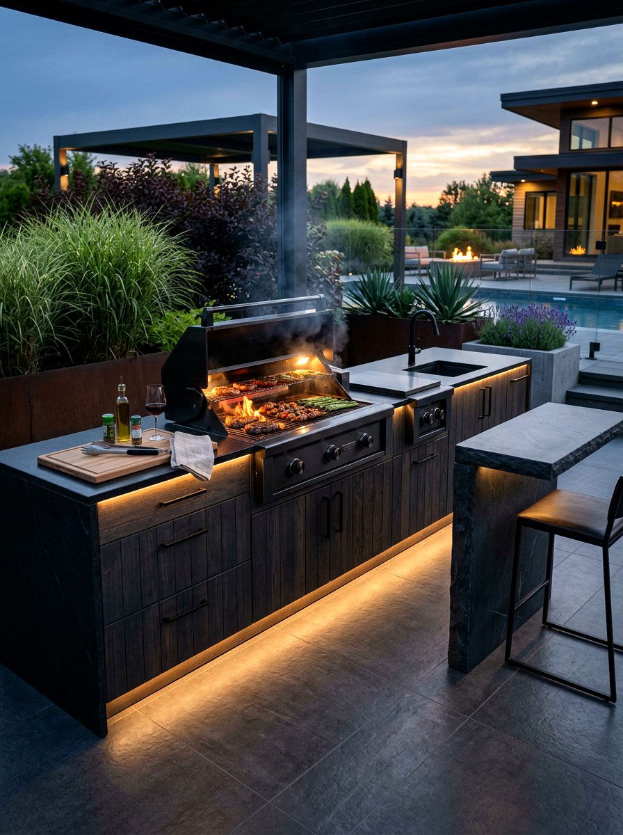 Modern Black Grill Station - 30 grill island ideas