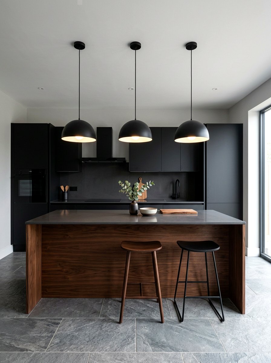 Modern Black Kitchen Pendant - 30 moody lamp lit kitchen ideas