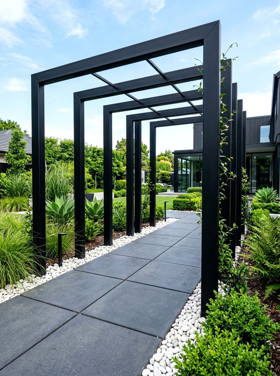 Modern Black Metal Arbor - 30 backyard arbor ideas
