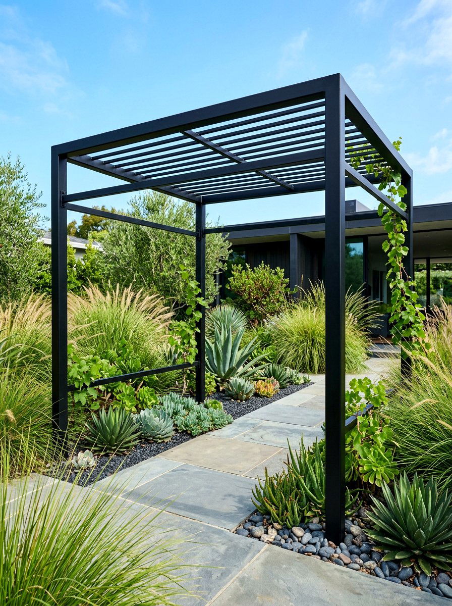 Modern Black Metal Arbor - 30 arbor entrance ideas