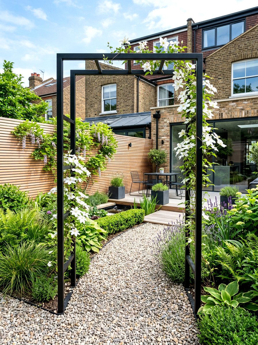 Modern Black Metal Archway - 30 climbing archway ideas