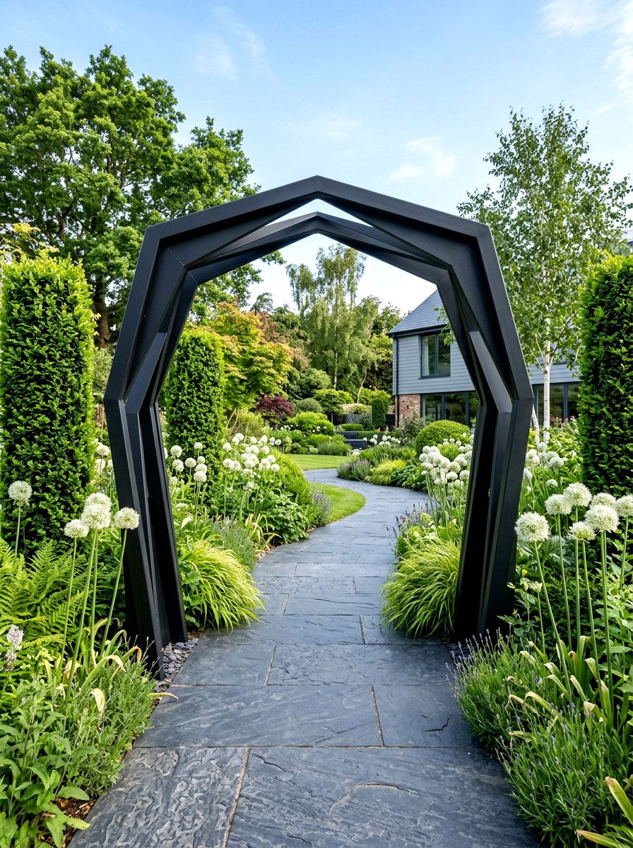 Modern Black Metal Garden Arch - 30 arbor garden entrance ideas