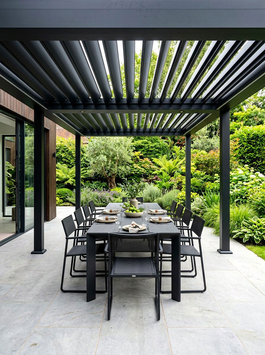 Modern Black Metal Pergola - 30 backyard dining pergola ideas