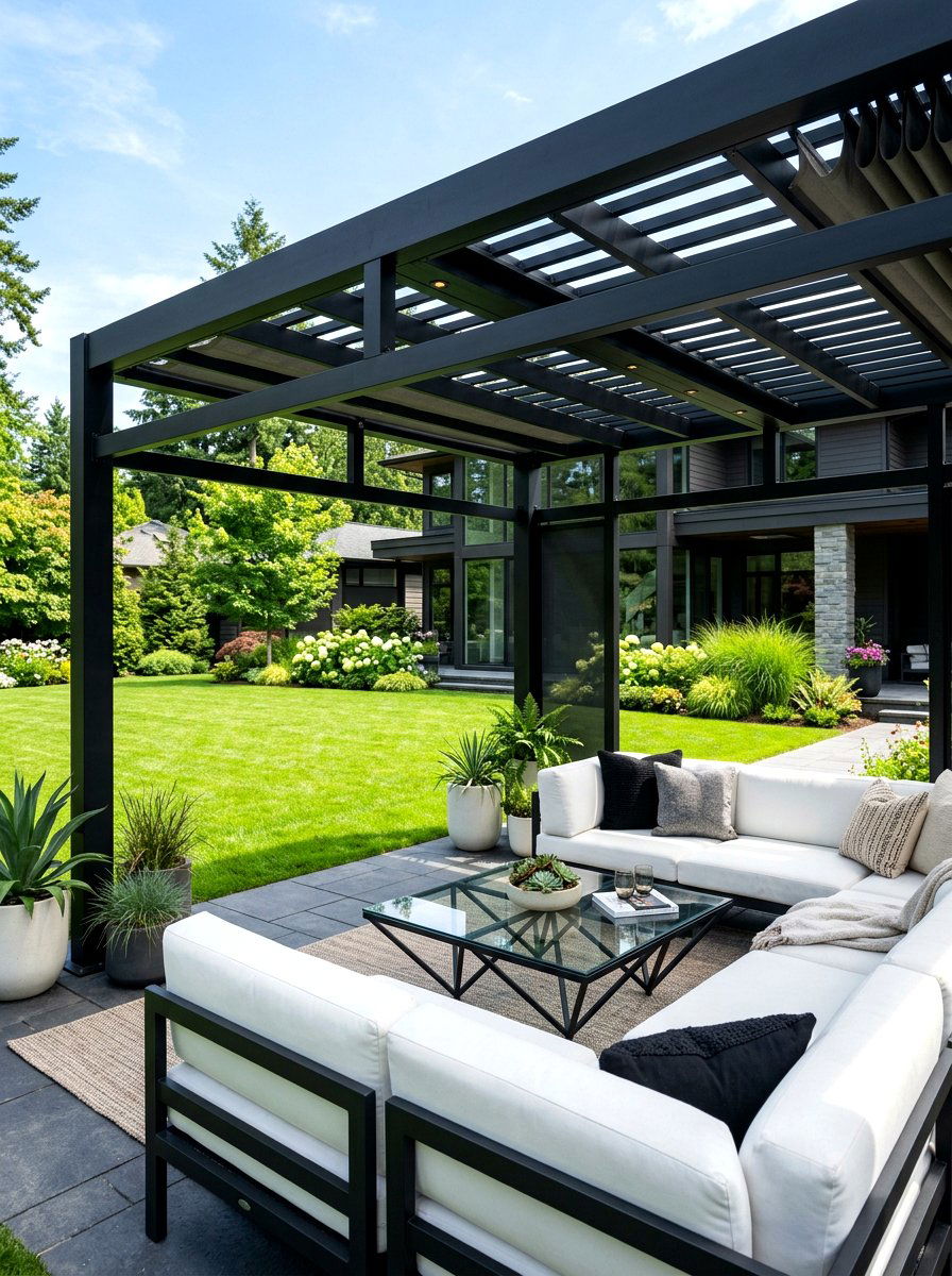 Modern Black Metal Pergola - 30 budget pergola ideas