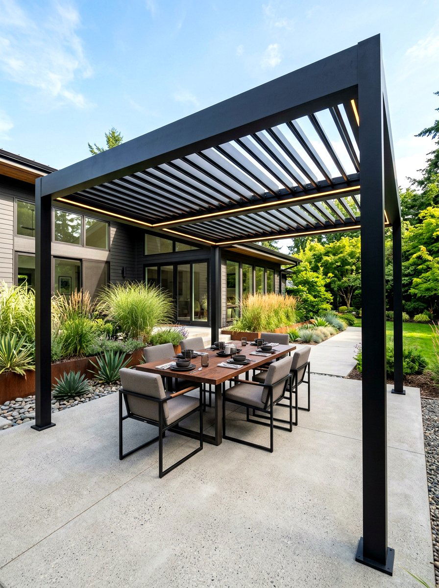 Modern Black Metal Pergola - 30 pergola dining backyard ideas