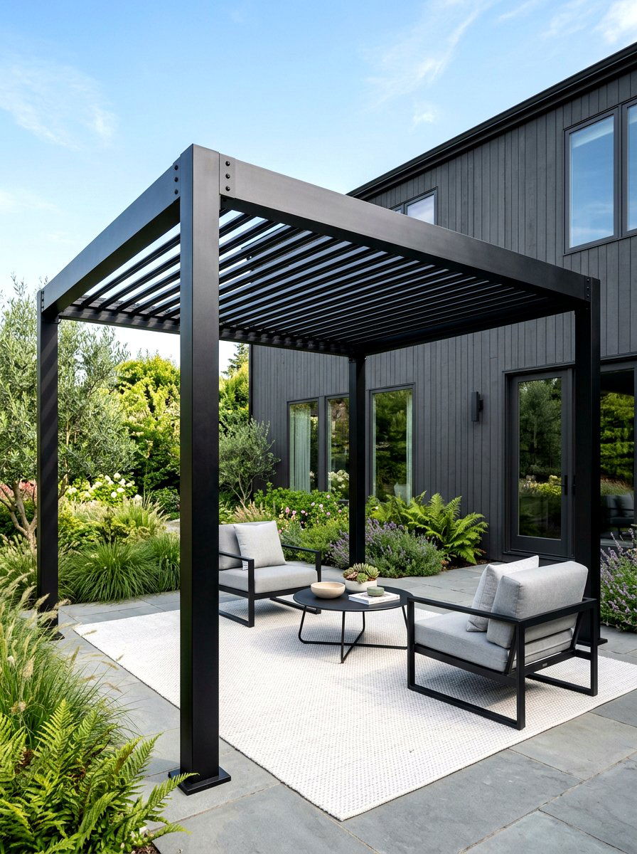 Modern Black Metal Pergola - 30 attached pergola ideas