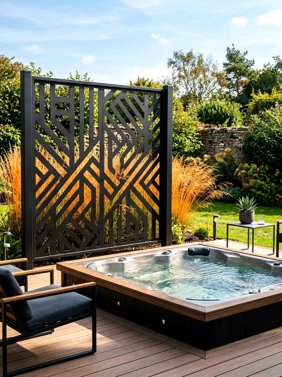 Modern Black Metal Screen - 30 hot tub privacy fence ideas
