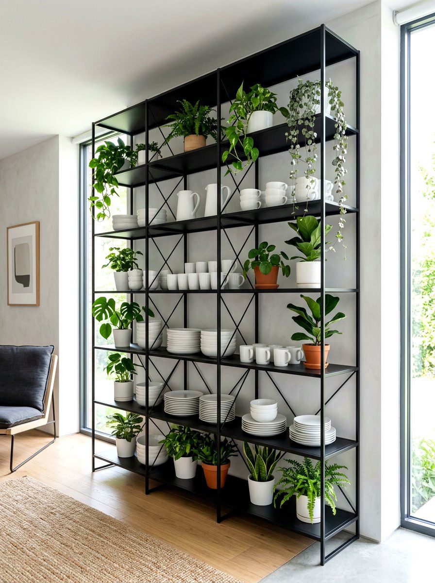 Modern Black Metal Shelving - 30 open shelving kitchen decor ideas
