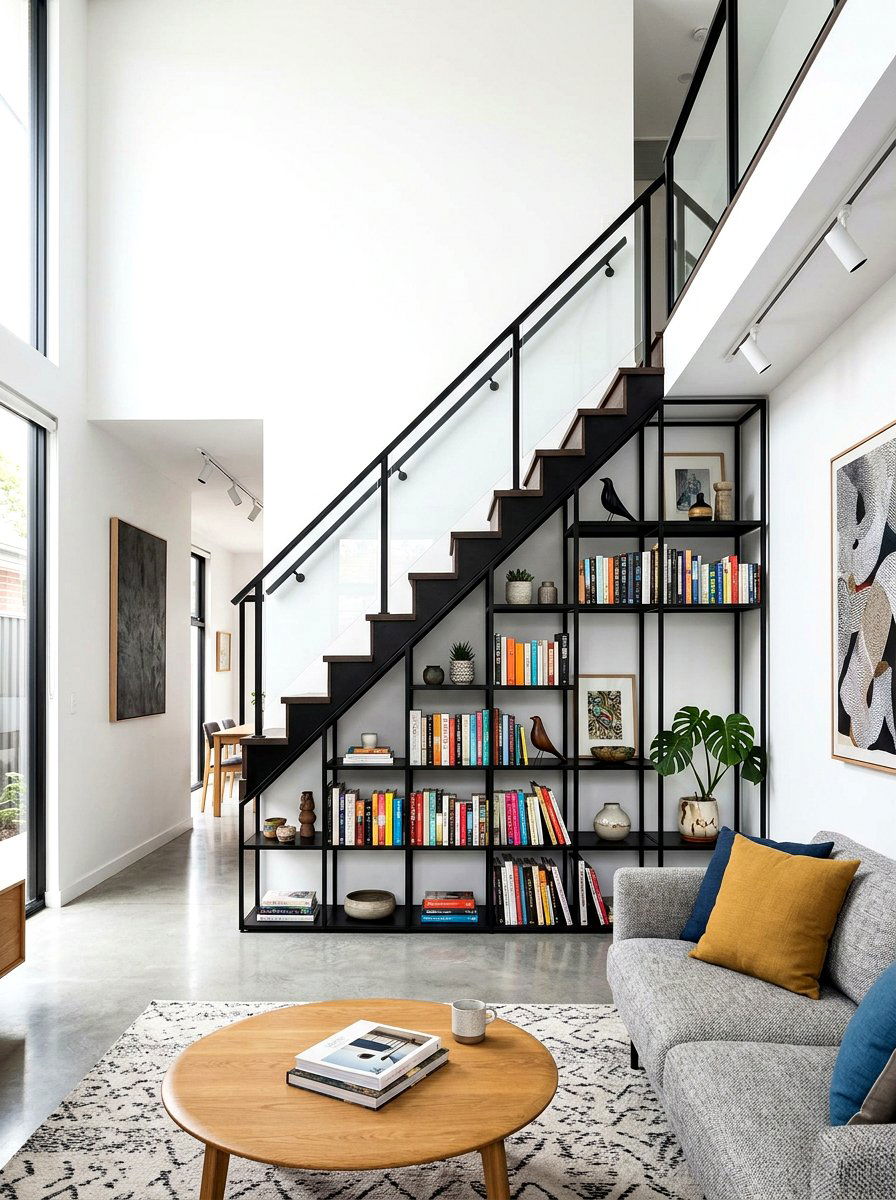 Modern Black Metal Under Stair Shelves - 30 under staircase bookshelf ideas