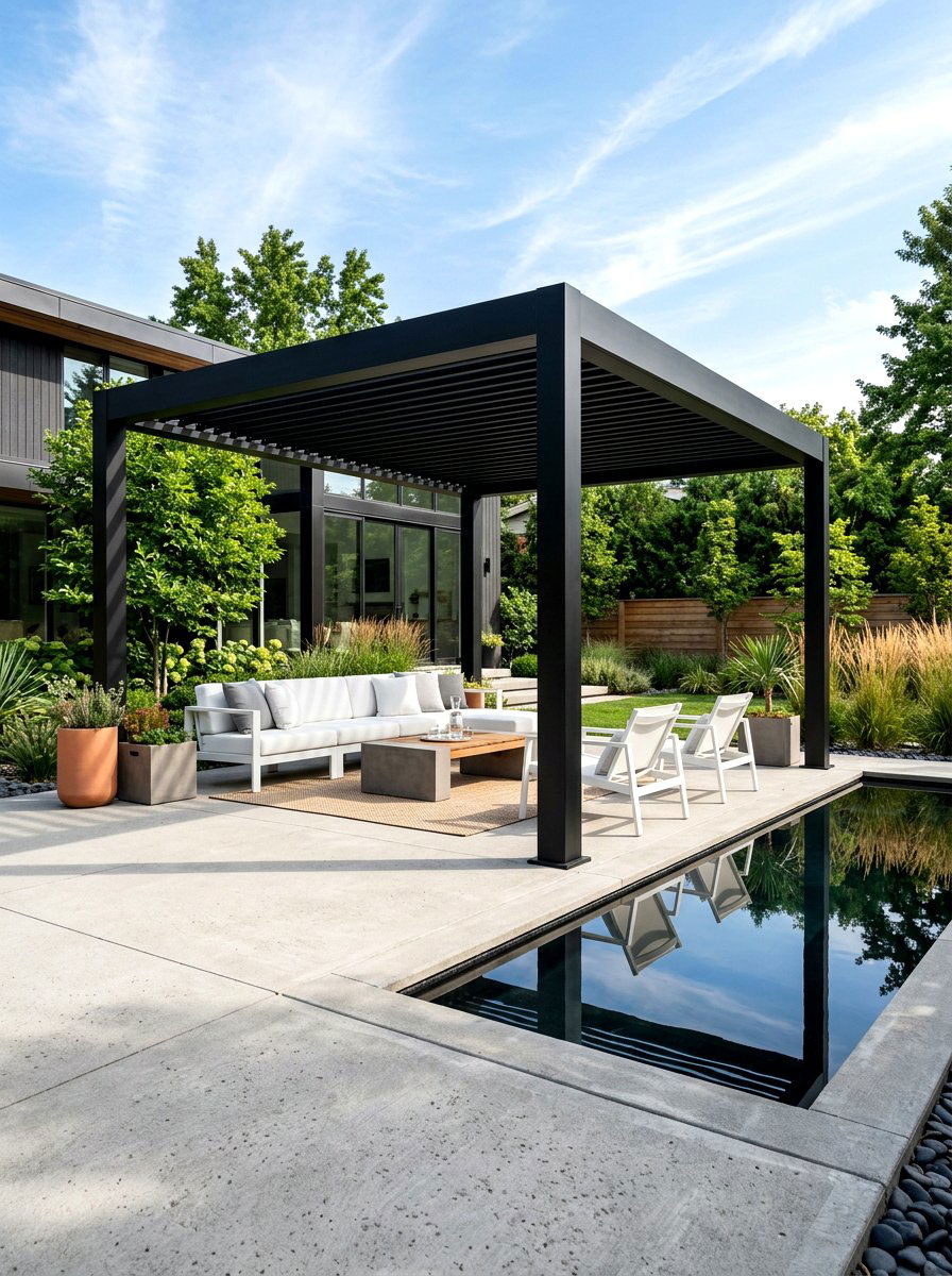 Modern Black Pergola - 30 outdoor breakfast pergola ideas