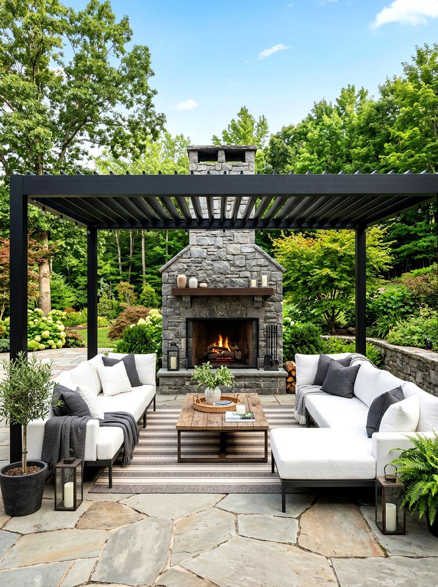 Modern Black Pergola Stone Fireplace - 30 pergola with fireplace ideas