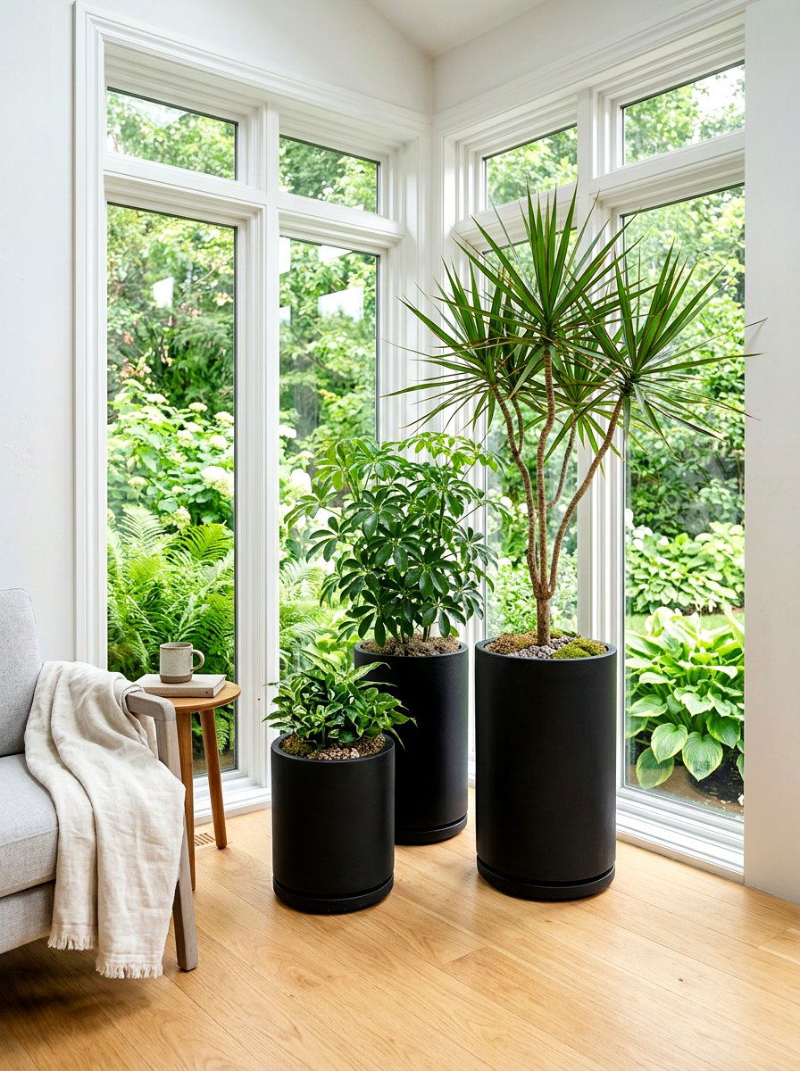 Modern Black Planter Trio - 30 sunroom plant corner ideas