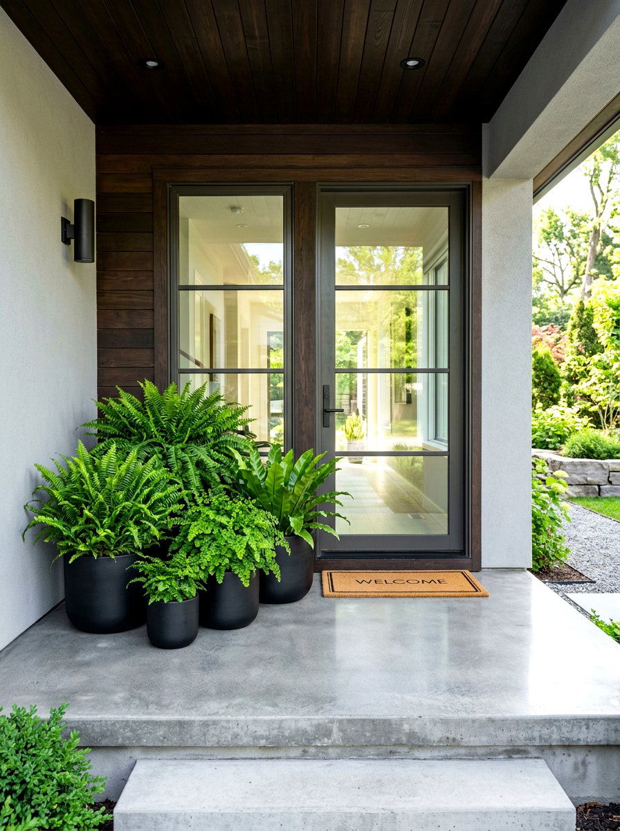 Modern Black Pot Ferns - 30 fern filled front porch ideas