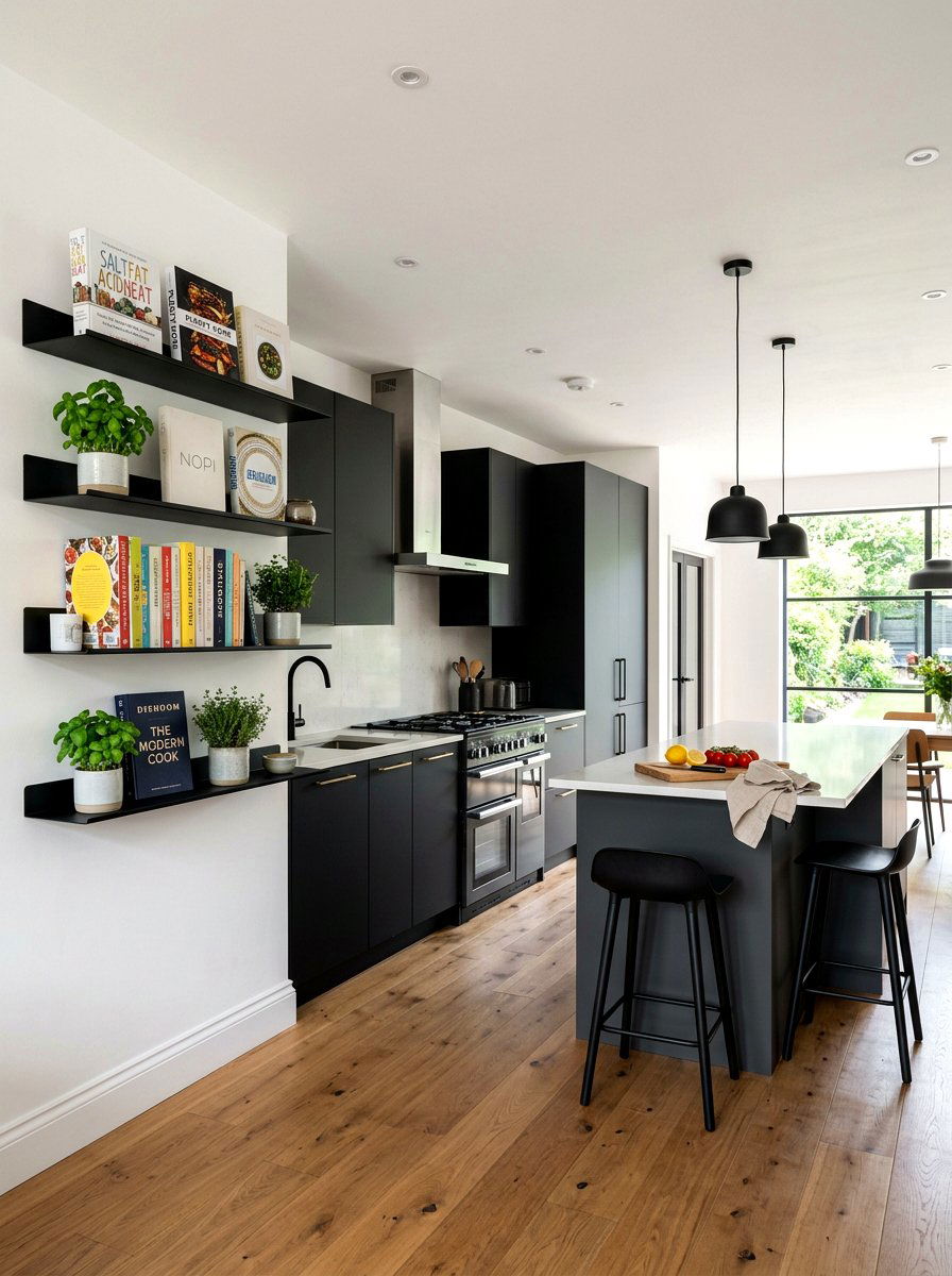 Modern Black Shelf - 30 cookbook kitchen shelf ideas