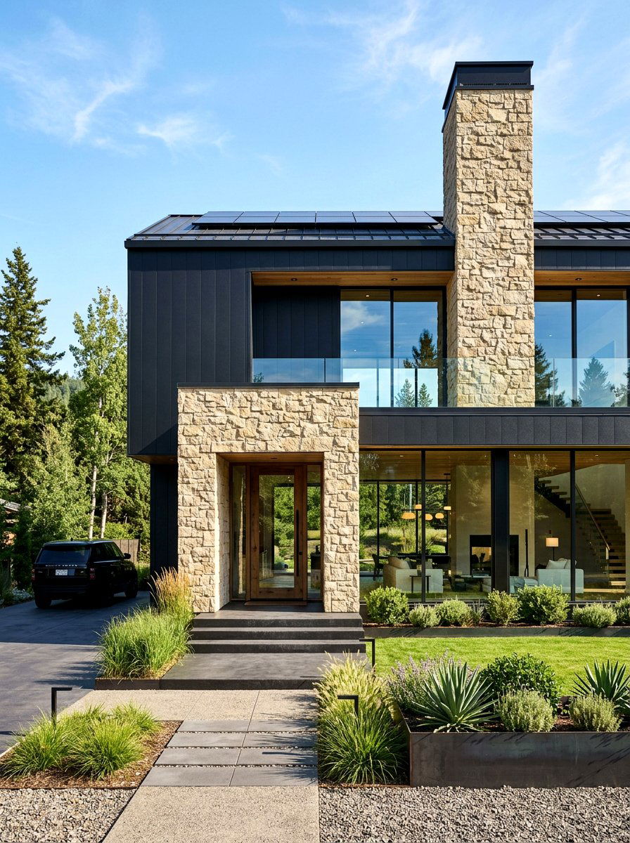 Modern Black Siding With Natural Stone Walls - 30 mixed siding exterior ideas