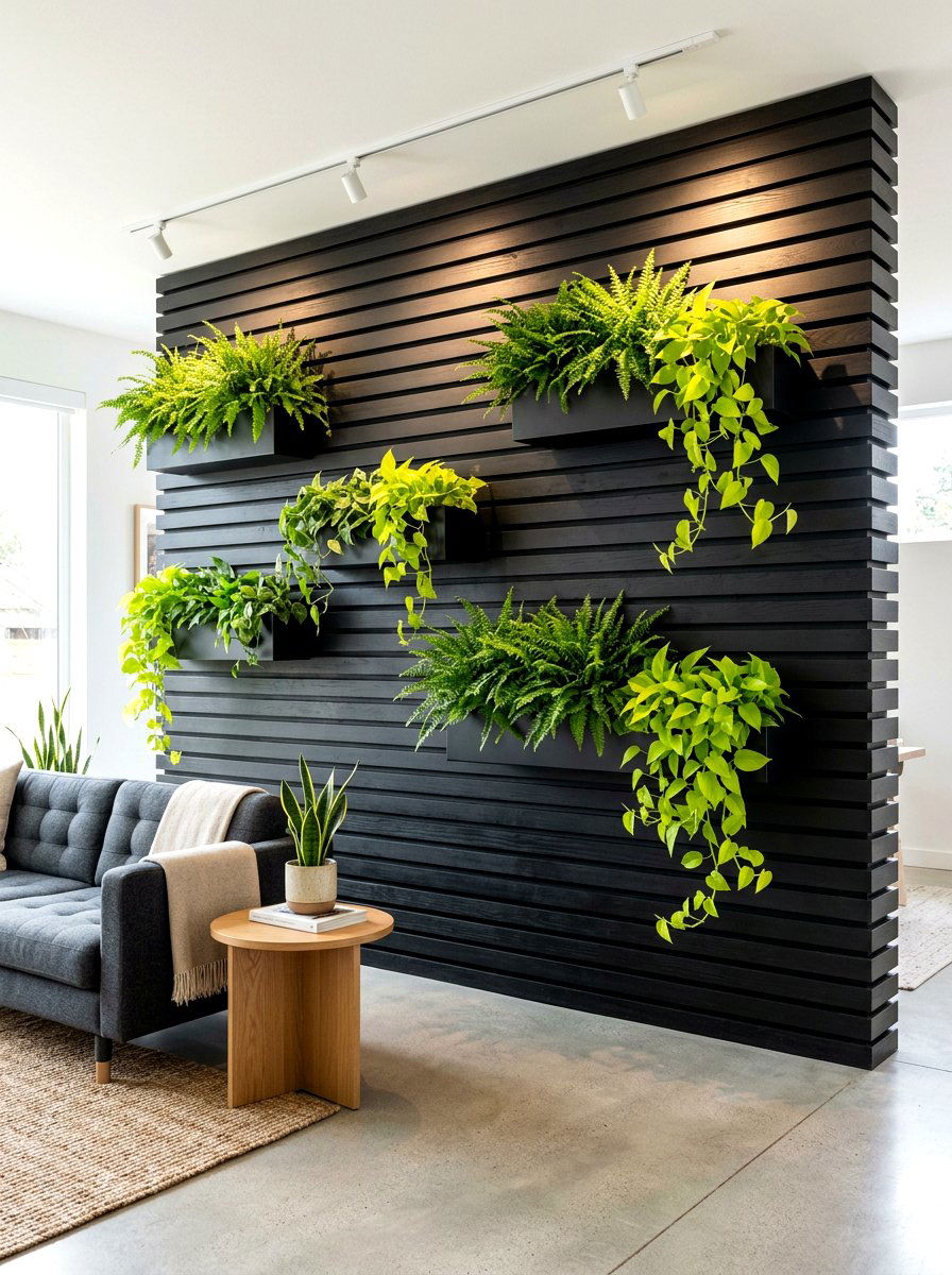 Modern Black Slat Wall - 30 vertical garden shelf ideas