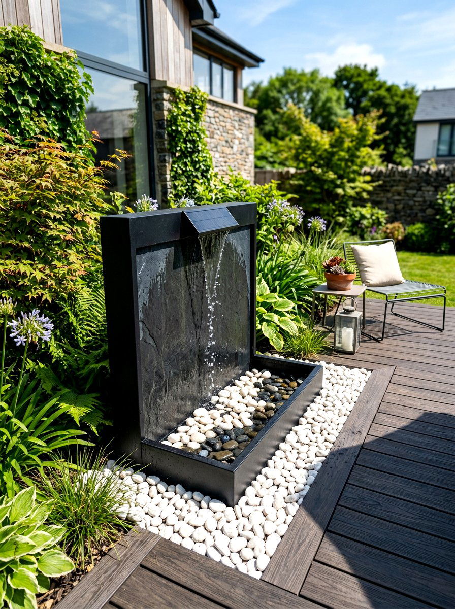 Modern Black Solar Water Feature - 30 solar fountain ideas