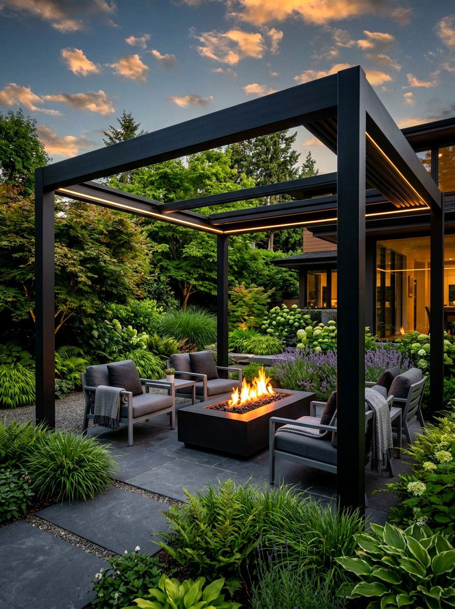 Modern Black Steel Pergola - 30 fire pit pergola ideas