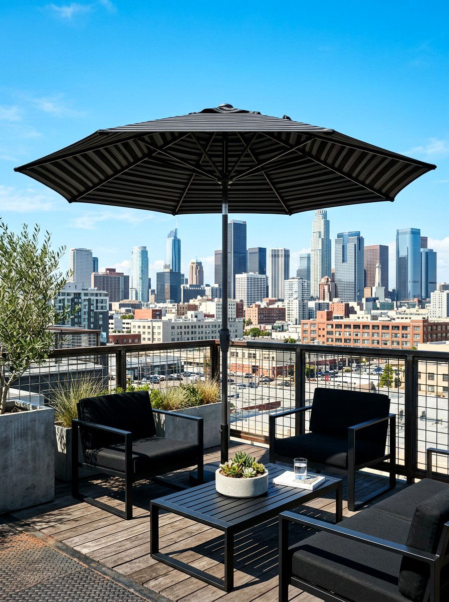 Modern Black Striped Umbrella - 30 striped umbrella patio ideas
